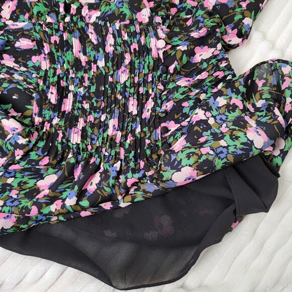 Veronica Beard Silk Floral Mini Dress XS Black Pink Ruched Luxury Designer Boho - Picture 11 of 12